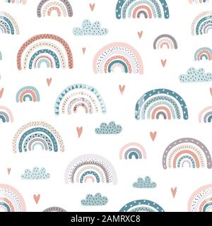 Cute rainbows and hearts seamless pattern. Adorable background Stock Vector