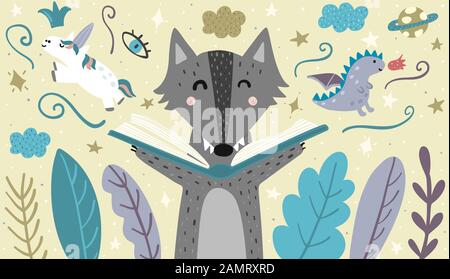 Banner with a cute wolf reading a fairytale Stock Vector