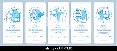 Plastic surgery center procedures onboarding mobile app page screen with linear concepts. Five walkthrough steps graphic instructions. Body procedures Stock Vector