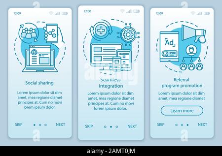 Referral program key items onboarding mobile app page screen with linear concepts. Three walkthrough steps graphic instructions. Customer attraction. Stock Vector