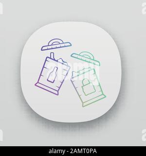 Trash sorting bins app icon. Trashcans for separating glass, paper waste. Rubbish containers for garbage separation. UI/UX user interface. Web or mobi Stock Vector