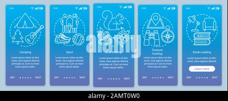 Family time together onboarding mobile app page screen vector template. Sport and camping. Zoo visiting. Walkthrough website steps with linear illustr Stock Vector