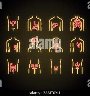 Ill human organs neon light icons set. Sore heart and lungs. Aching throat and urinary bladder. Unhealthy liver and intestines. Sick internal body par Stock Vector