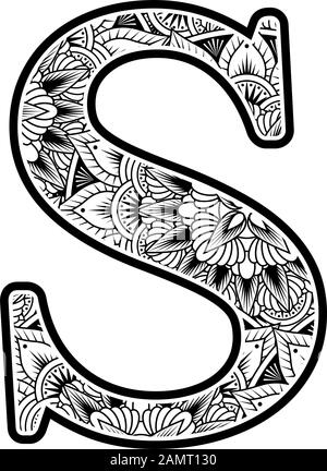 capital letter s with abstract flowers ornaments in black and white. design inspired from mandala art style for coloring. Isolated on white background Stock Vector