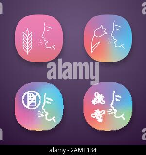 Allergies app icons set. Hay fever, allergy to food and insects stings. Hypersensitivity of immune system. UI/UX user interface. Web or mobile applica Stock Vector