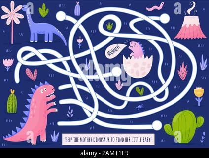 Help mother dinosaur to find her baby. Funny maze game for children Stock Vector