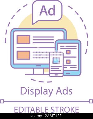 Display ads concept icon. Digital ads, online advertising, display marketing idea thin line illustration. Marketing commercial on screen vector isolat Stock Vector