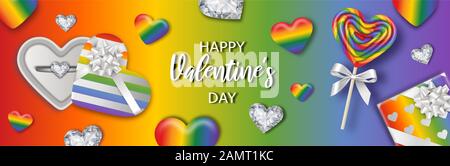 valentine's day banner with heart shaped gift boxes, lollipop and hearts on rainbow colors background Stock Photo