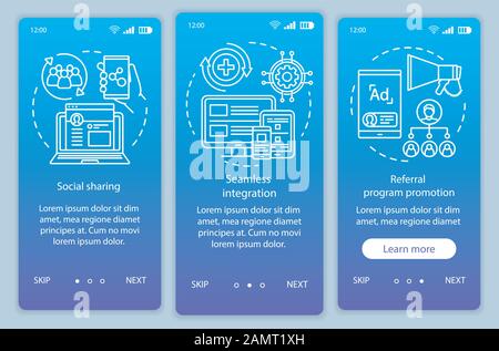 Referral program key items onboarding mobile app page screen with linear concepts. Three walkthrough steps graphic instructions. Customer attraction. Stock Vector