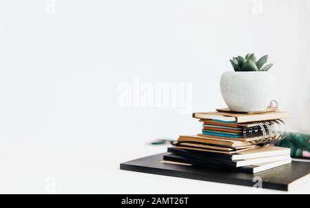 Stack of notebooks and a succulent plant on a table Stock Photo