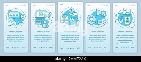 Referral marketing tools onboarding mobile app page screen with linear concepts. Five Steps graphic instructions. Customer attraction, retention. UX, Stock Vector