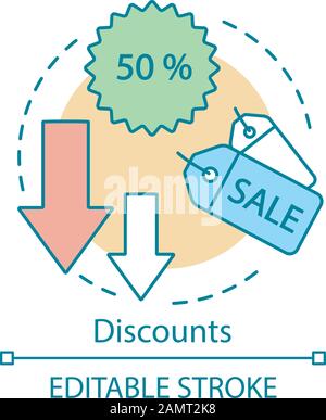 Referral discounts concept icon. Marketing idea thin line illustration. Special offer, seasonal, clearance sale. Fifty percent off. Prices decreasing. Stock Vector