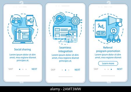 Referral program key items onboarding mobile app page screen with linear concepts. Three walkthrough steps graphic instructions. Customer attraction. Stock Vector
