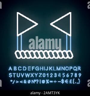 Cricket boundary neon light icon.  Two flags connected by rope. Border of playing field. Bat and ball team game. Glowing sign with alphabet, numbers a Stock Vector