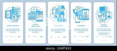 Plastic surgery center onboarding mobile app page screen with linear concepts. Five walkthrough steps graphic instructions. Schedule appointment. UX, Stock Vector