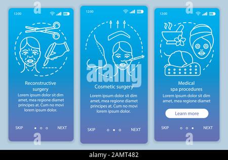 Surgical cosmetic procedures onboarding mobile app page screen vector template.  Spa and surgery. Walkthrough website steps with linear illustrations. Stock Vector