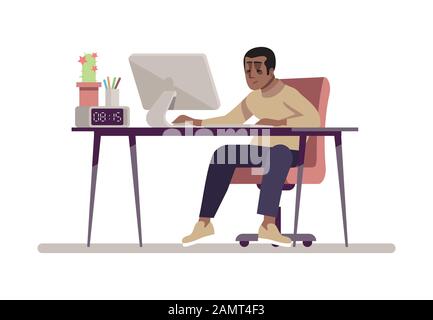 Workaholic flat vector color illustration. Freelance, remote job, working at home concept. Programmer, designer with computer. Young dark skinned empl Stock Vector
