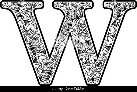 capital letter w with abstract flowers ornaments in black and white. design inspired from mandala art style for coloring. Isolated on white background Stock Vector
