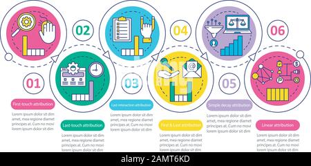Attribution modeling types vector infographic template. Business presentation design elements. Data visualization with six steps and options. Process Stock Vector