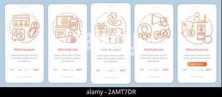 Referral marketing tools onboarding mobile app page screen with linear concepts. Five Steps graphic instructions. Customer attraction, retention. UX, Stock Vector