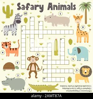 Crossword for kids with cute safari animals. Word search puzzle Stock Vector