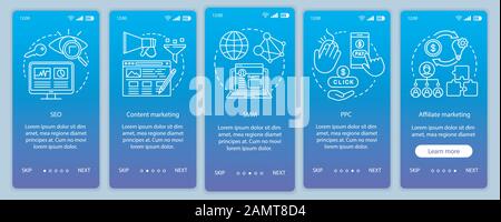 Digital marketing tactics blue onboarding mobile app page screen vector template. SEO, SMM, PPC walkthrough website steps with linear illustrations. U Stock Vector