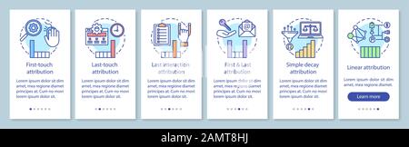 Attribution modeling types onboarding mobile app page screen with linear concepts. Diagrams, charts walkthrough steps graphic instructions. UX, UI, GU Stock Vector