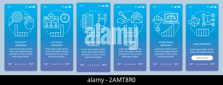 Attribution modeling types onboarding mobile app page screen vector template. Diagrams, charts walkthrough website steps with linear illustrations. UX Stock Vector