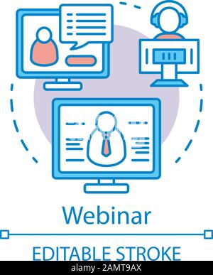 Webinar concept icon. E-learning idea thin line illustration. Web-based video conference. Web seminar. Online courses, classes. Remote education. Vect Stock Vector