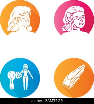 Skin care accessories flat design long shadow glyph icons set. Makeup attributes, feminine hygiene. Vector silhouette illustration. Cosmetic brush, po Stock Vector