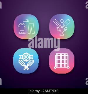 Cricket championship app icons set. Sport tournament. Uniform, champion cup, defeat, sight screen. Sport contest. UI/UX user interface. Web or mobile Stock Vector