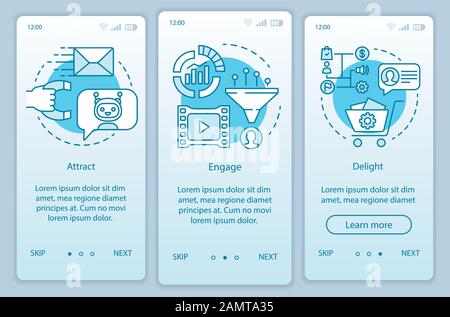 Inbound marketing method for customers turquoise onboarding mobile app page screen vector template. Walkthrough website steps with linear illustration Stock Vector