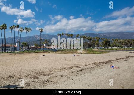 View of beach from Stearns Wharf, Santa Barbara, Santa Barbara County, California, United States of America, North America Stock Photo