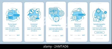 Targeting types blue onboarding mobile app page screen vector template. Targeted advertising walkthrough website steps with linear illustrations. UX, Stock Vector