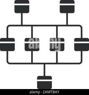 Network diagram glyph icon. Cluster diagram. Computer science. Network graphical chart. Computers structure. Interconnected system. Silhouette symbol. Stock Vector