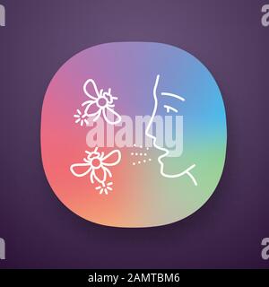 Allergies to insect app icon. Human face and flying insects. Allergic reaction to wasps, hornets and bees bites. UI/UX user interface. Web or mobile a Stock Vector
