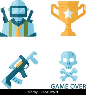 Online game inventory flat design long shadow color icons set. Esports, cybersports. Battle royale. Computer game equipment. Soldier, winning cup, wea Stock Vector