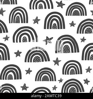 Scandinavian rainbows seamless pattern. Black and white doodle background Stock Vector