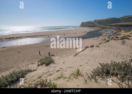 View of beach and Highway 1 near Davenport, California, United States of America, North America Stock Photo