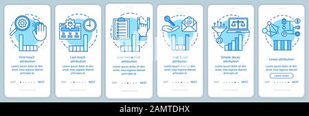 Attribution modeling types blue onboarding mobile app page screen vector template. Diagrams, charts walkthrough website steps with linear illustration Stock Vector