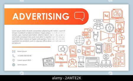 Advertising  web banner, business card template. Marketing. Company contact page with phone, email linear icons. Print, display, online ads. Presentat Stock Vector