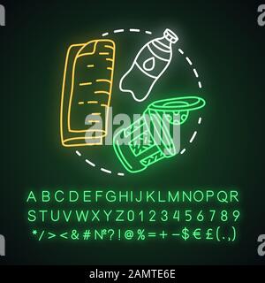 Zero waste products, recycling and reusing items neon light concept icon. Recyclable goods. Waste management idea. Glowing sign with alphabet, numbers Stock Vector