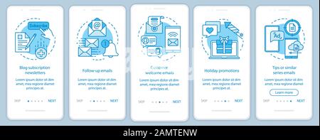 Email marketing blue onboarding mobile app page screen vector template. Blog subscription, promotions walkthrough website steps with linear illustrati Stock Vector