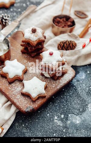 Star shaped gingerbread cookies with icing Stock Photo