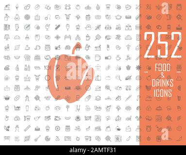 Food and drinks linear icons big set. Thin line contour symbols. Restaurant menu and BBQ. Vegetables, fruits, desserts. Drinks and cocktails. Isolated Stock Vector