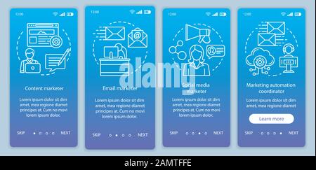 Digital marketing specialties blue gradient onboarding mobile app page screen vector template. Marketer walkthrough website steps with linear illustra Stock Vector