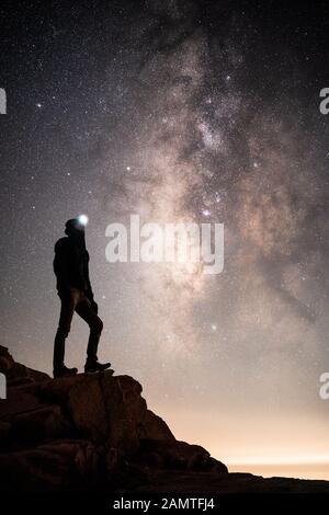 Silhouette of a hiker standing on mountain, Sequoia National Park, California, USA Stock Photo