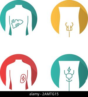 Ill human organs flat design long shadow glyph icons set. Unhealthy liver and urinary bladder. Sore spleen and men reproductive system. Sick internal Stock Vector