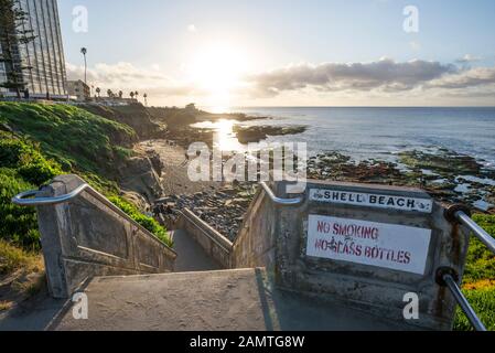 Coastal winter scene. La Jolla, California, USA. View is from the top of the stairs leading down to Shell Beach. Stock Photo