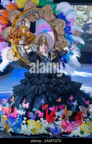 14th January 2020 Cebu City,Philippines.As part of the annual Sinulog Festival candidates for the Festival Queen award take part in a runway photoshoot showing off their elaborate costumes. The nine day Sinulog festival culminates in a Grand street parade throughout the City. Stock Photo